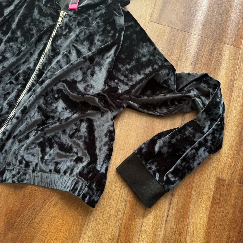 La Senza Black Crushed Velvet Velour Full Zip Cropped Y2K Track Sweater M - Picture 8 of 11